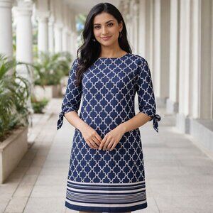 Tacera Geometric Print Shift Dress Size L Navy Blue Bow Sleeve Knee Length Work